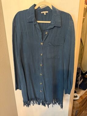 Women’s Button-Front Mini Dress with Fringed Hem in Teal Blue